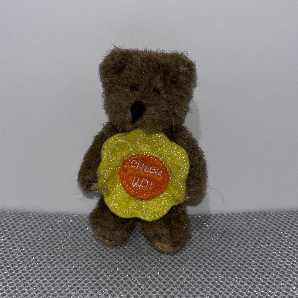 Tiny vintage Brown Teddy Bear with Yellow Flower